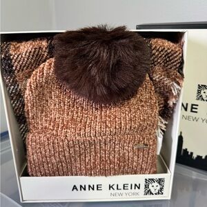 Anne Klein Tan Knit Beanie with Dark Brown Pom